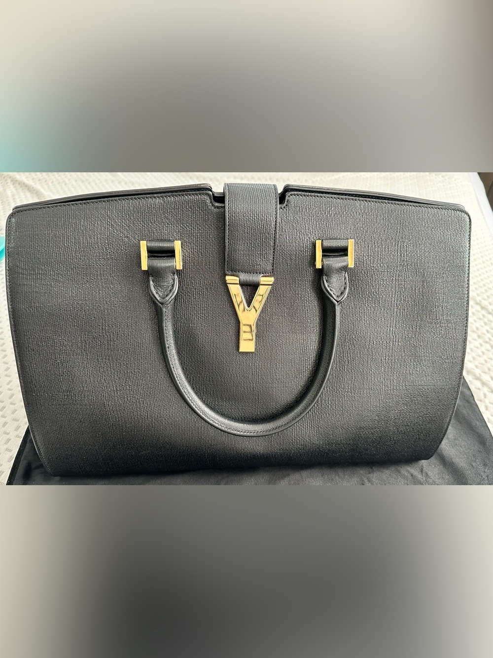 Yves Saint Laurent Black Leather Satchel with Gold Y Logo Hardware